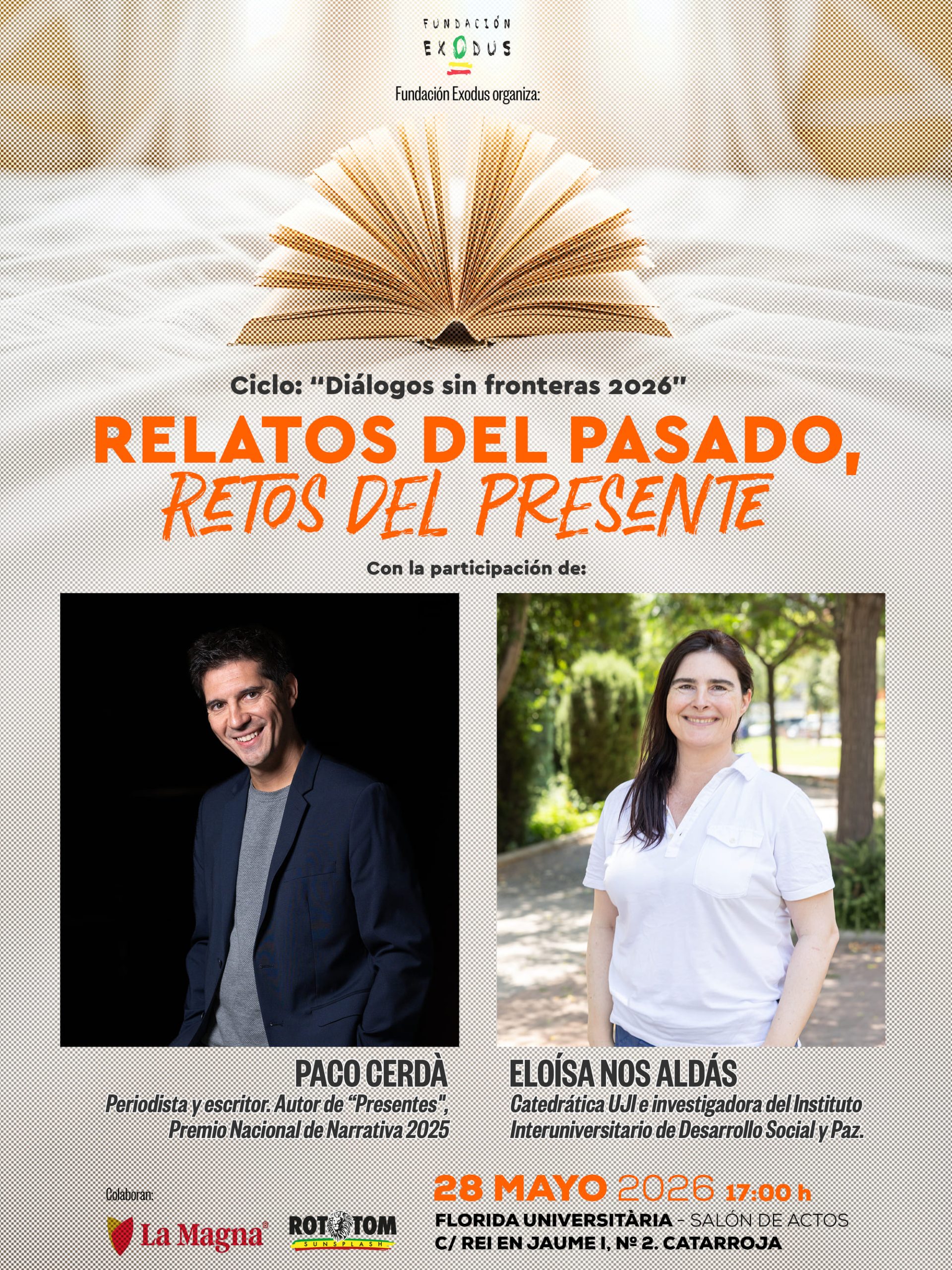Relatos del pasado, retos del presente. Un diálogo entre Paco Cerdà y Eloísa Nos Aldás en el salón de actos de la florida universitaria en Catarroja.